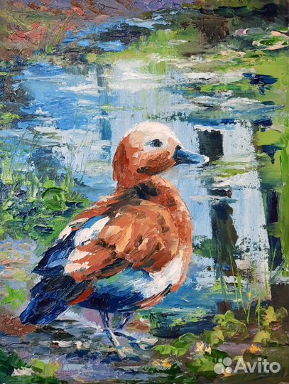 Картина маслом Пейзаж озеро пруд Этюд утка птица