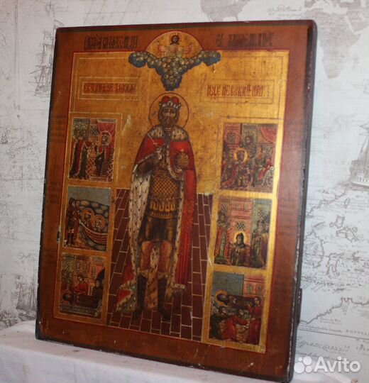 Старая икона Александр Невский с житием 49*41*4см
