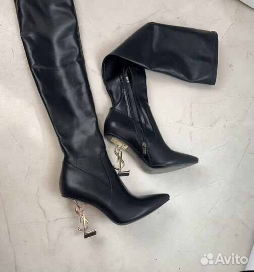 Сапоги ботфорты кожаные на шпильке