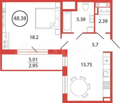 1-к. квартира, 48,4 м², 6/12 эт.