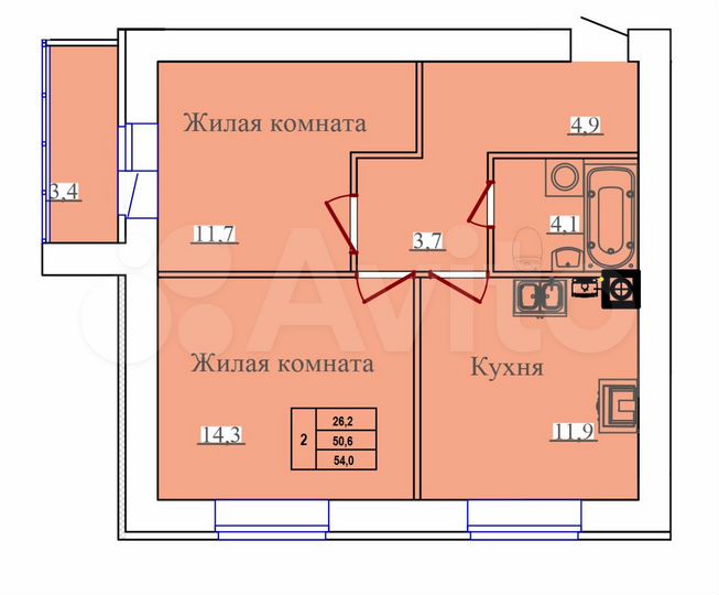 2-к. квартира, 54 м², 1/14 эт.
