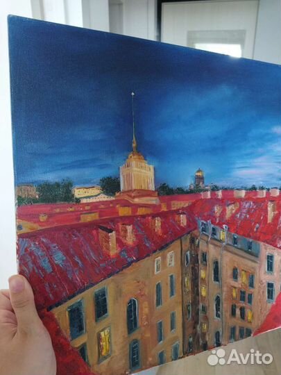 Картина маслом на холсте крыши Петербурга