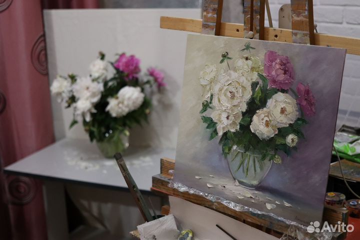 Картина маслом Цветы Пионы 35х40см холст картон