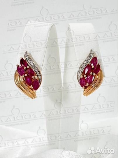 Золотые серьги с бриллиантами, рубин 585 / 7.84 гр
