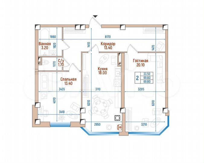 2-к. квартира, 69,8 м², 1/8 эт.