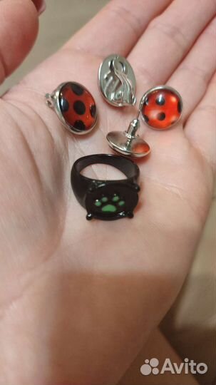 Серьги Леди баг+перстень суперкота в шкатулке