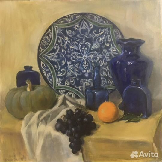 Восточный натюрморт в синих тонах маслом на холсте