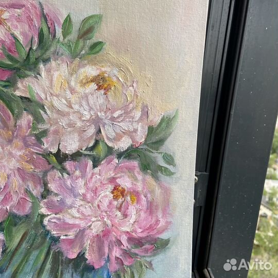 Букет розовых пионов маслом на холсте