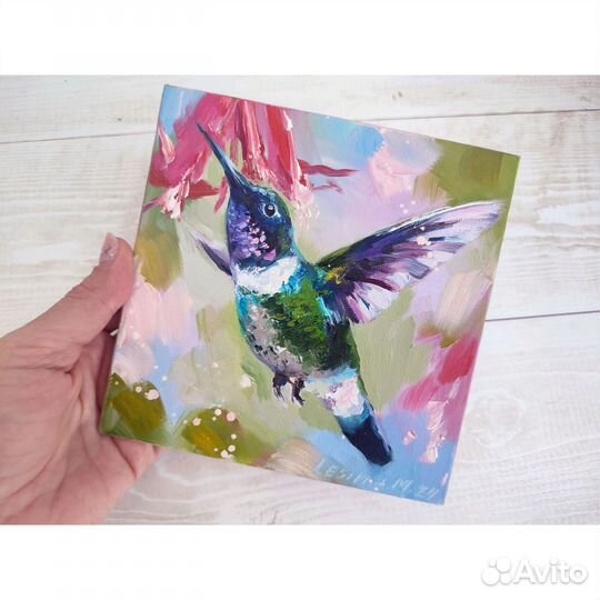 Картина маслом с птичкой Колибри 15/15 см