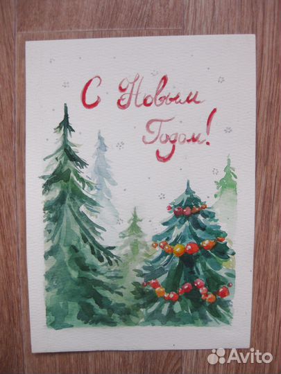 Новогодние акварельные открытки ручной работы