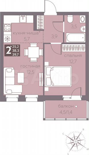 2-к. квартира, 39,7 м², 4/16 эт.