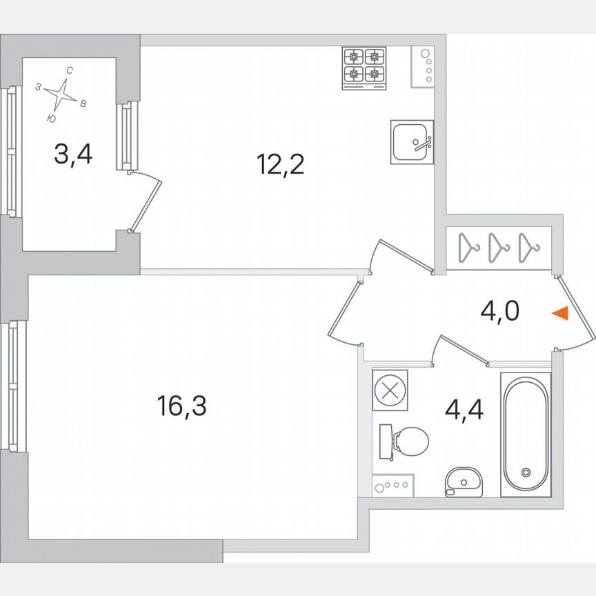 1-к. квартира, 38,6 м², 1/4 эт.