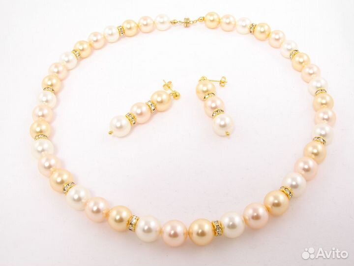 Комплект Жемчуг персик-золото-крем (бусы + серьги)