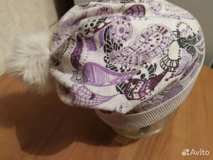 Шапка двойная детская с меховым помпоном и стразам