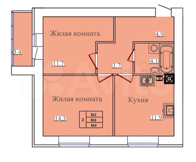 2-к. квартира, 54 м², 7/14 эт.