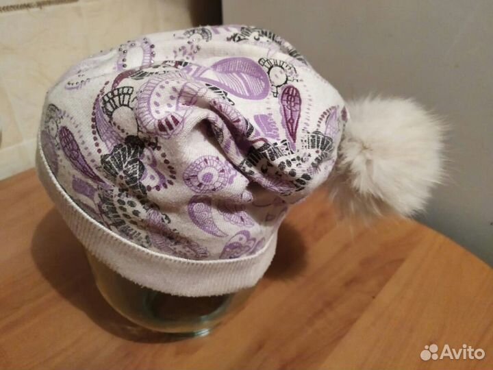 Шапка двойная детская с меховым помпоном и стразам