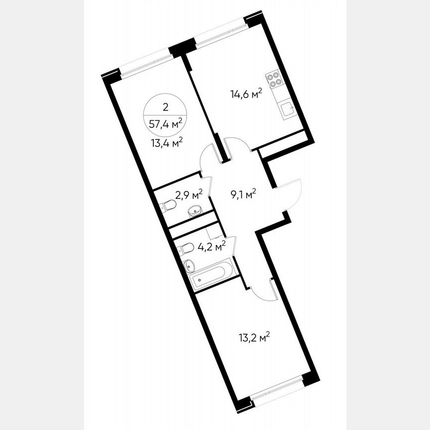 2-к. квартира, 57,4 м², 2/17 эт.