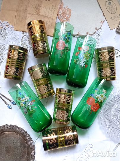 Стаканы Цветное Стекло/Позолота Винтаж