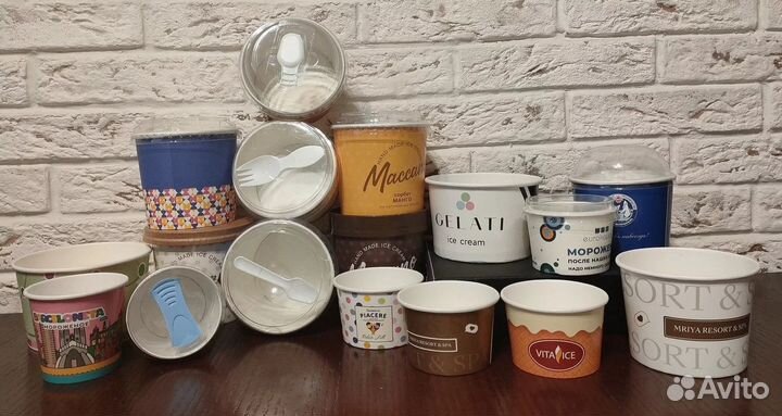 Бумажная креманка для мороженого, палочки и ложки