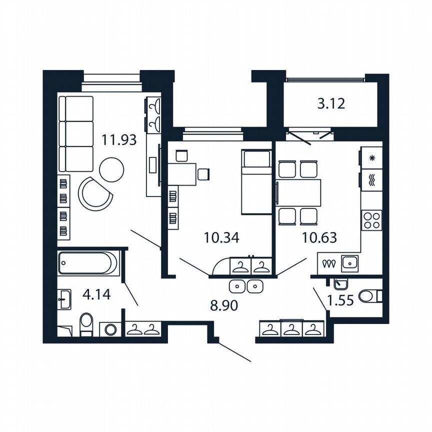 2-к. квартира, 49,1 м², 12/12 эт.