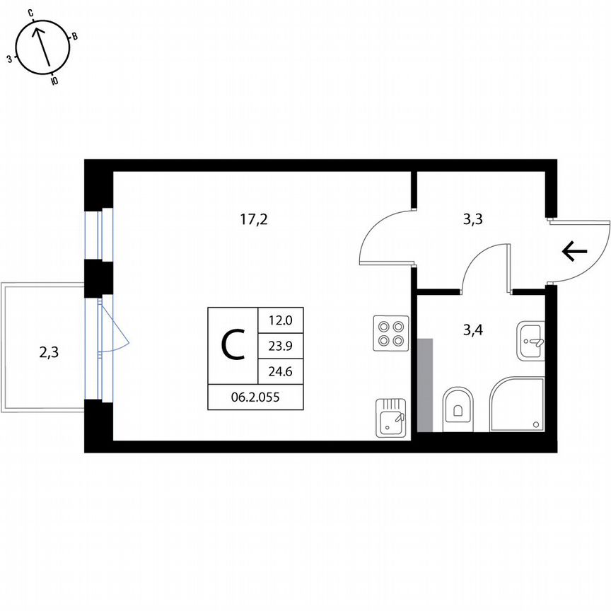 Квартира-студия, 24,6 м², 3/3 эт.