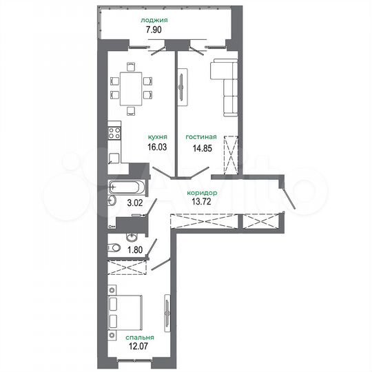 2-к. квартира, 69,4 м², 3/16 эт.