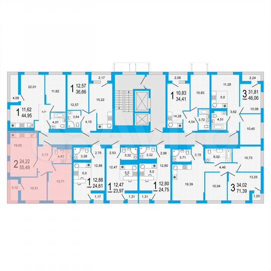 2-к. квартира, 55,5 м², 4/22 эт.