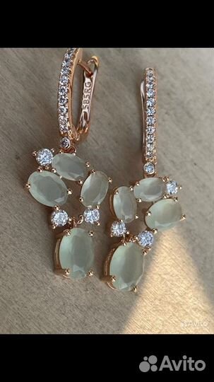 Серьги золото, пренит с фианитами