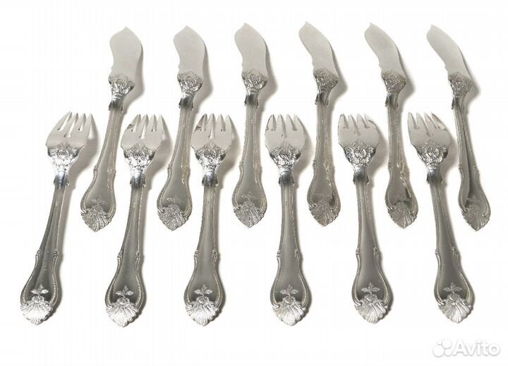 Цельносеребряные рыбные вилки и ножи, 12 предметов