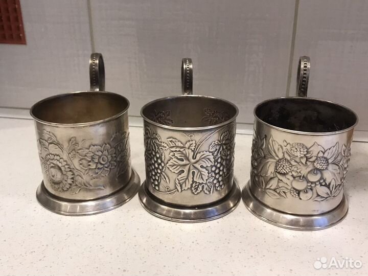 Подстаканники СССР мельхиор, фрукты цветы