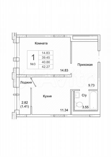 1-к. квартира, 42 м², 1/9 эт.