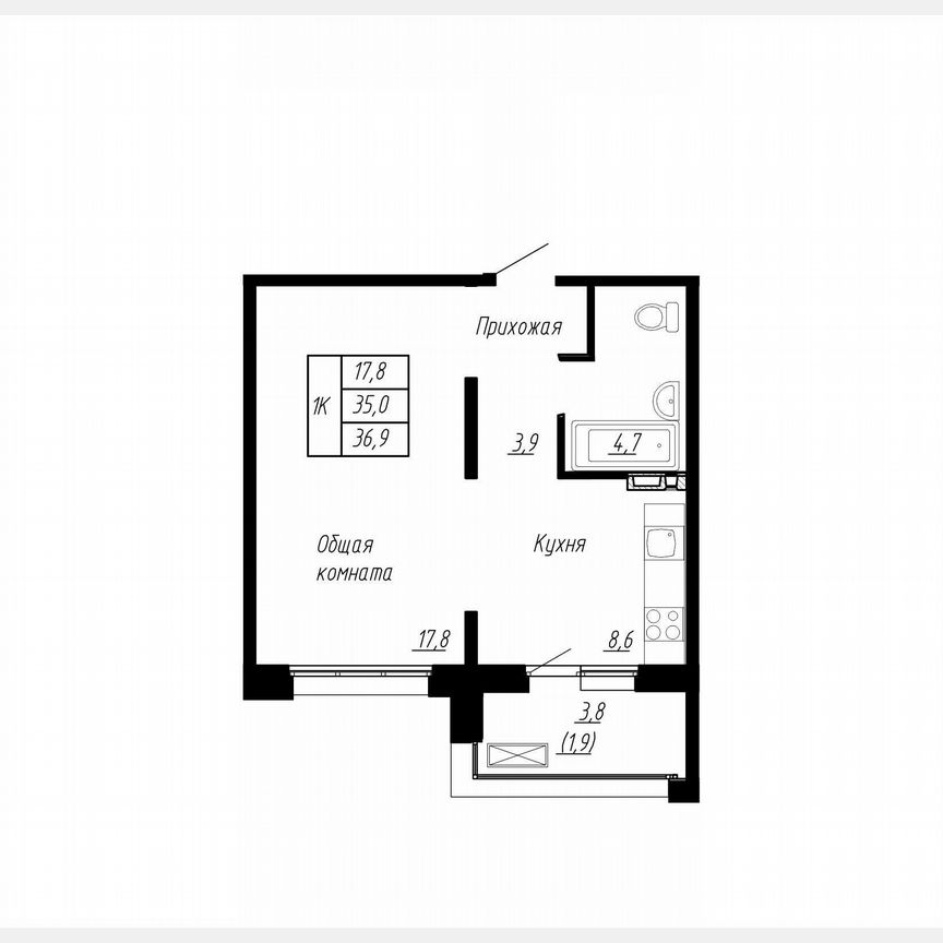 1-к. квартира, 36,9 м², 2/17 эт.