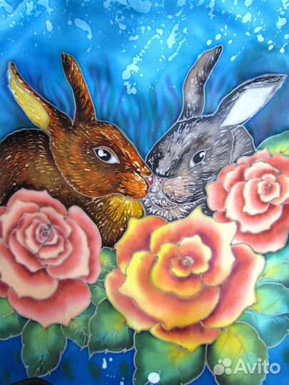 Шёлковый шарф с кроликами ручная роспись батик