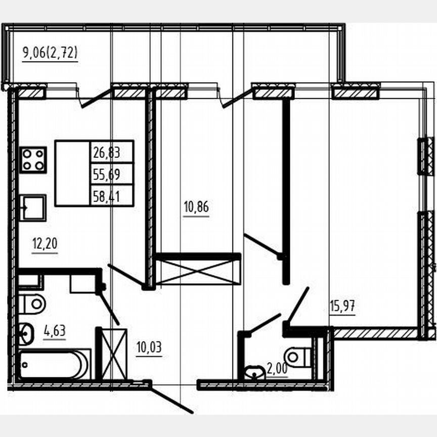 2-к. квартира, 55,7 м², 1/4 эт.