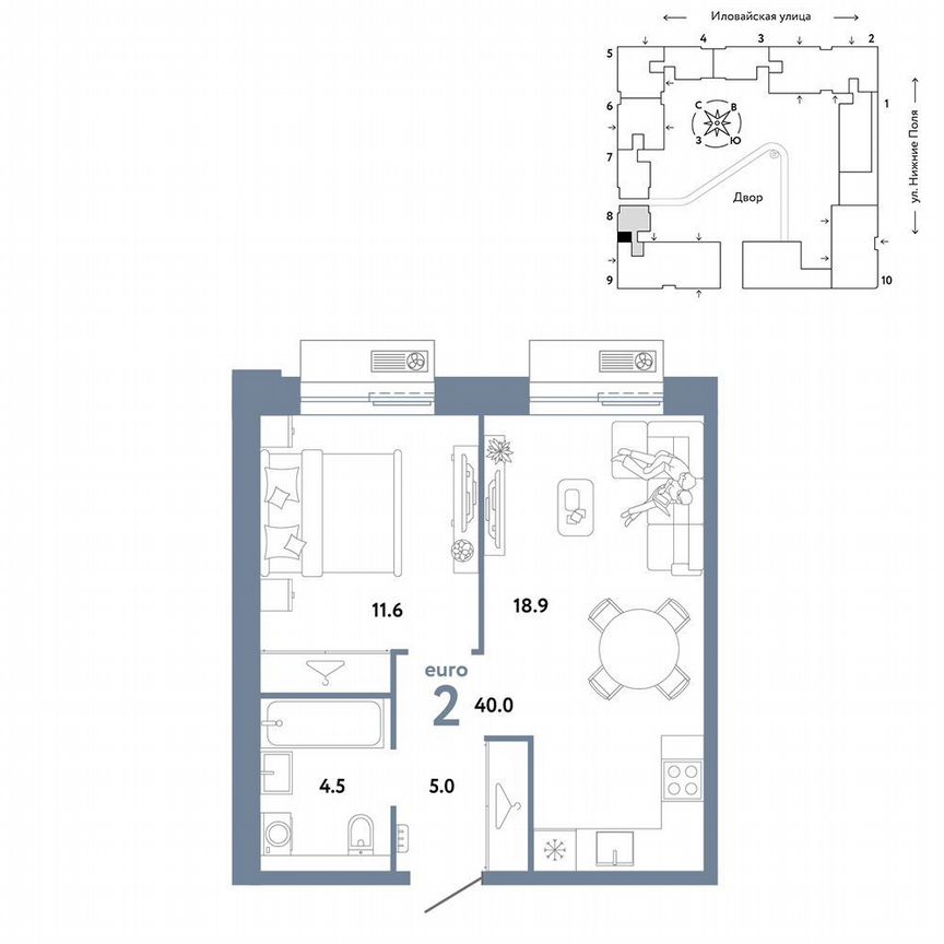 1-к. квартира, 40 м², 2/12 эт.