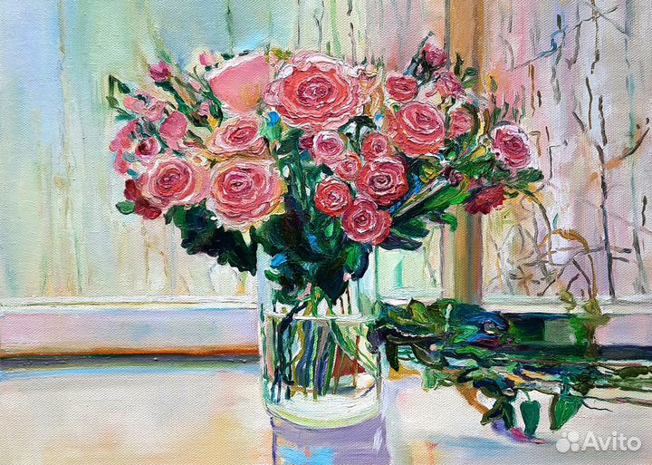 Картина маслом Розы у окна 30 на 40 см