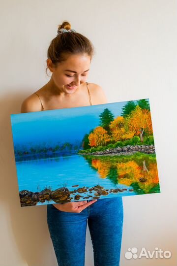 Картина масло холст Осень осенний пейзаж озеро лес