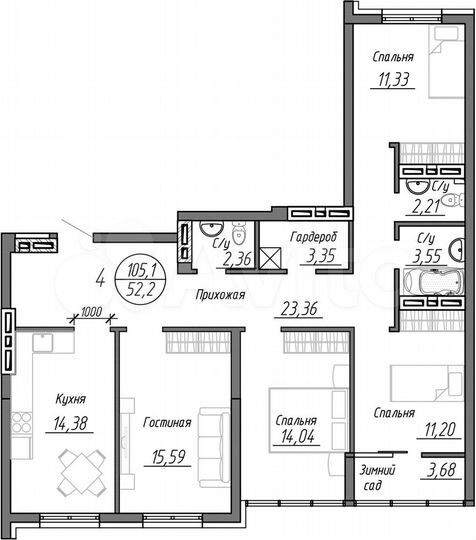 4-к. квартира, 105,1 м², 12/25 эт.