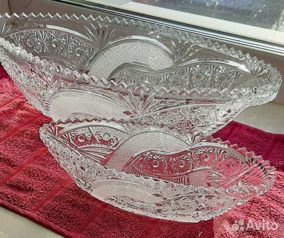 Хрустальный салатник-ладья СССР новая 2 шт