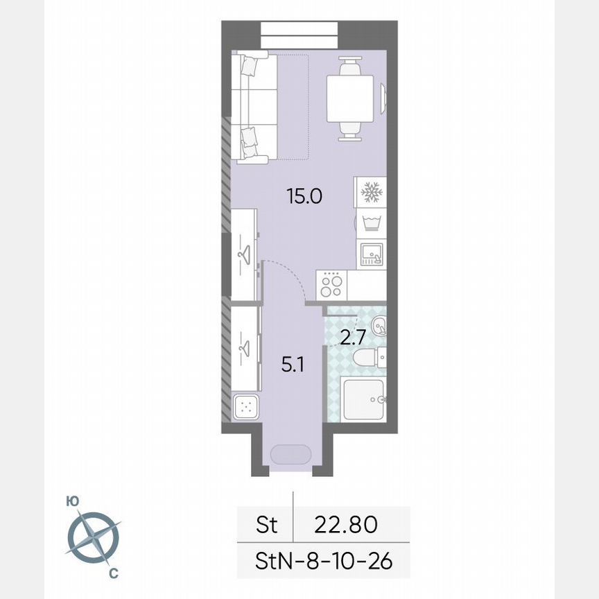 Квартира-студия, 22,8 м², 26/28 эт.
