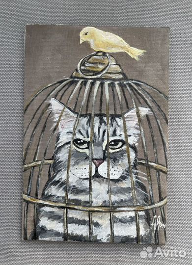 Картина Кот в клетке и канарейка 10х15 холст