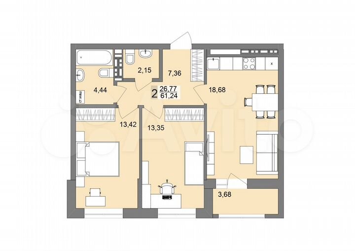 2-к. квартира, 61,2 м², 16/19 эт.