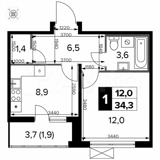 1-к. квартира, 34,3 м², 10/14 эт.