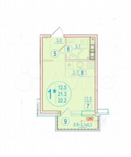 Квартира-студия, 22,2 м², 5/9 эт.