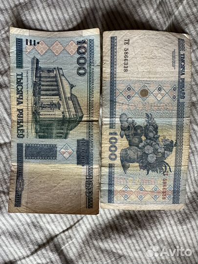 Две купюры по тысячи рублей Беларуси