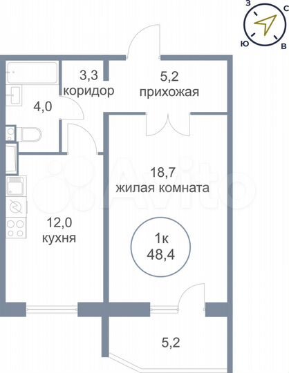 1-к. квартира, 48,4 м², 7/16 эт.