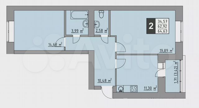 2-к. квартира, 64,6 м², 3/10 эт.