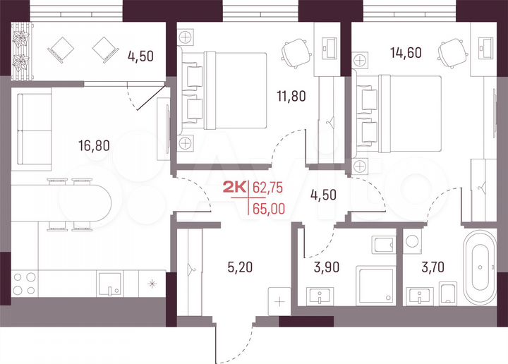 2-к. квартира, 62,8 м², 15/25 эт.