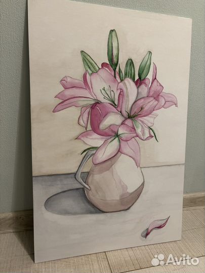 Картина ручной работы акварель Букет лилий 40х60