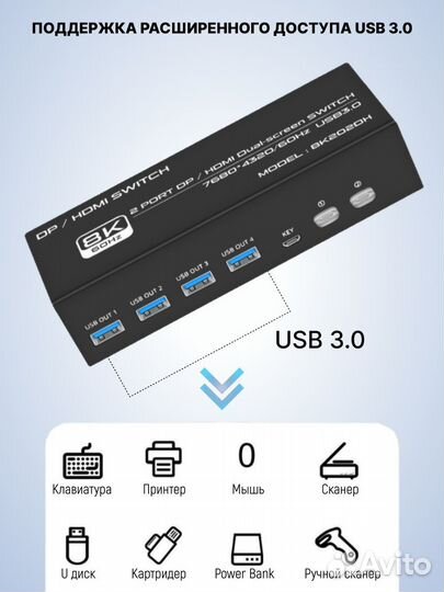 KVM hdmi и DP свитчер 2x1 8K 60 Hz